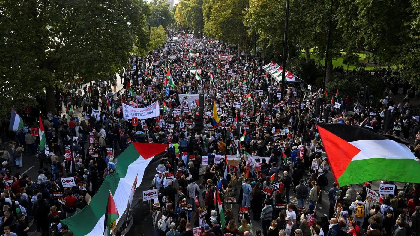 Approx. 500,000 people march through Whitehall to demand lasting peace in Gaza, London, 11 October 2025. Image credit: Middle East Eye